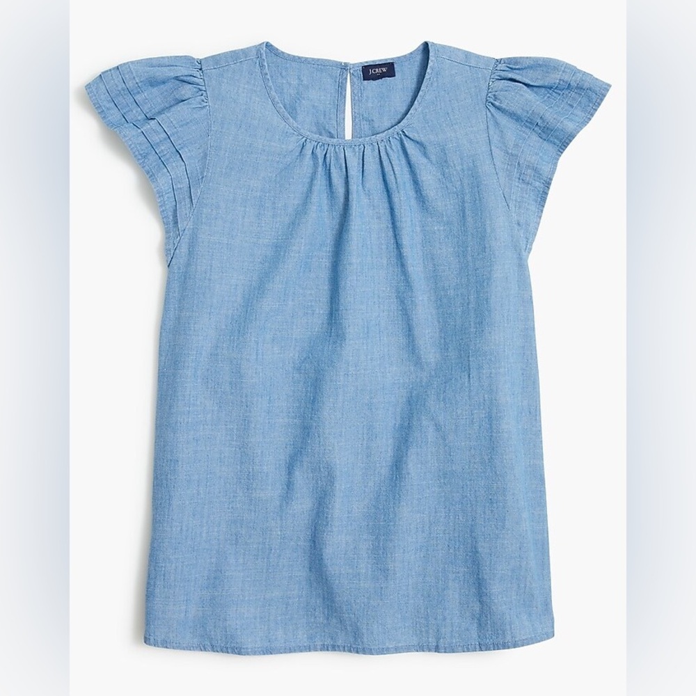 J.Crew Chambray Pintuck Flutter Sleeve Cotton Top in Addie Blue